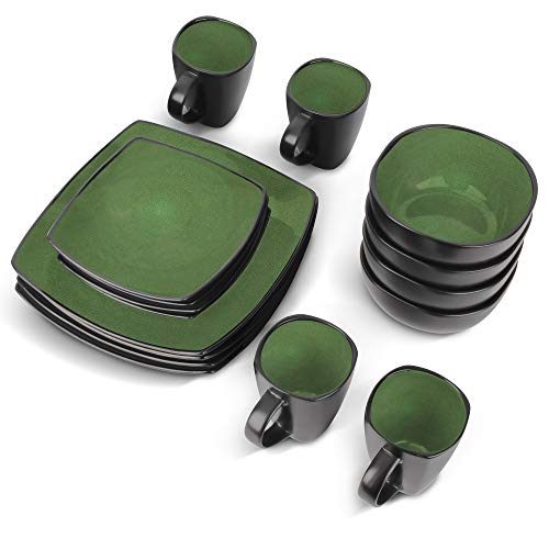 MIAMIO - 16 piezas Vajilla Completa/Juego de Vajilla (4 tazas, 4 tazones, 4 platos grandes, 4 platos pequeños) (Verde)