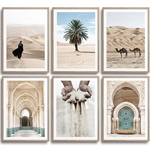 MONOKO® Juego de pósteres para el salón, juego de imágenes para el dormitorio, con estilo, 6 unidades, sin marco (beige, Marruecos, palmera, 6 x A3 (29,7 x 42 cm)