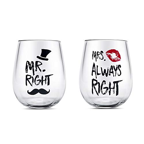 Mr Right Vino Pareja Gafas 14 oz Cristal sin tallo Copa de vino Juego de tazas, Taza de boda para los novios para pareja Aniversario, Compromiso, Navidad Día de San Valentín