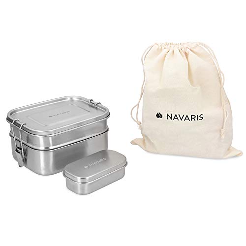 Navaris Fiambrera de Acero Inoxidable para Comida - 3X Envase hermético en 3 tamaños - Recipiente Rectangular de 1400 ML - Lunch Box de Metal