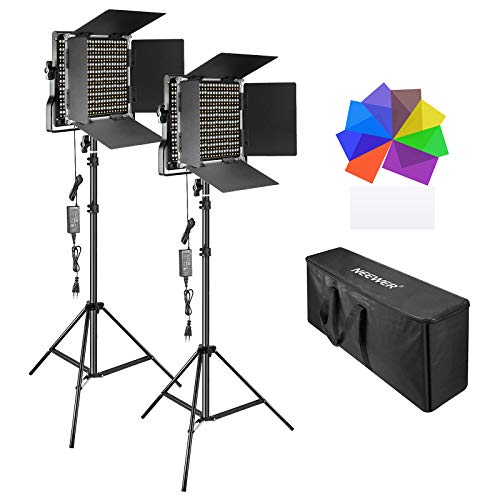 Neewer 2 Packs 660 LED Luz Video con Soporte Kit (2)3200-5600K Regulable CRI96+Luz con Soporte en U y Barndoor(2)Soporte Luz(2)Filtros 8 Colores Set(1)Bolsa de Transporte Grande para Grabación Video