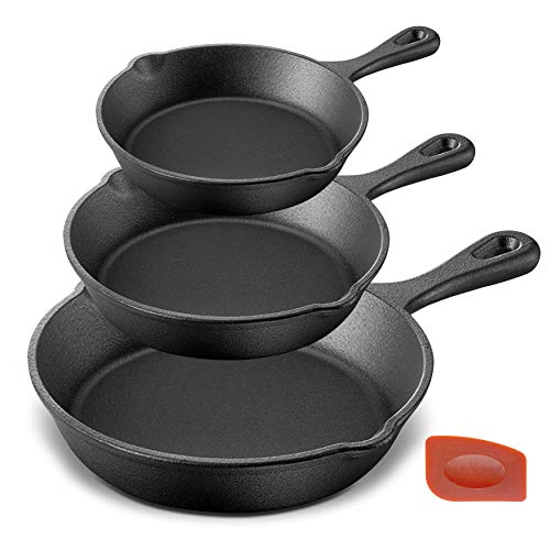 NutriChef Pre-Seasoned Cast Iron Skillet 3 Pieces Kitchen Frying Pan Nonstick Cookware Set w/Drip Spout - Silicone Handles, Scraper - Electric Stovetop, Induction, Gas Range, Ceramic, NCCI76, Assorted