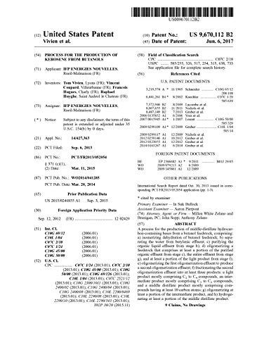 Process for the production of kerosene from butanols: United States Patent 9670112 (English Edition)