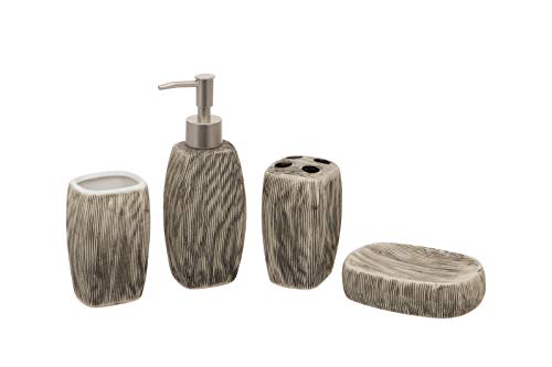 Set de baño ovalado gris de 4 piezas – Dispensador de jabón/loción, soporte para cepillo de dientes, vaso, jabonera