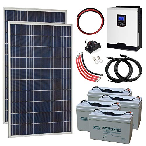 Sistema completo de energía solar fuera de la red de 550 W 24 V con 2 paneles solares de 275 W, inversor híbrido de 3 kW y 4 baterías de 100 Ah