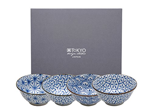 Tayo Bowl Kristal - Juego de 4 cuencos (diámetro 14,8 cm, altura 6,8 cm, porcelana asiática, diseño japonés, incluye embalaje de regalo), color blanco y azul