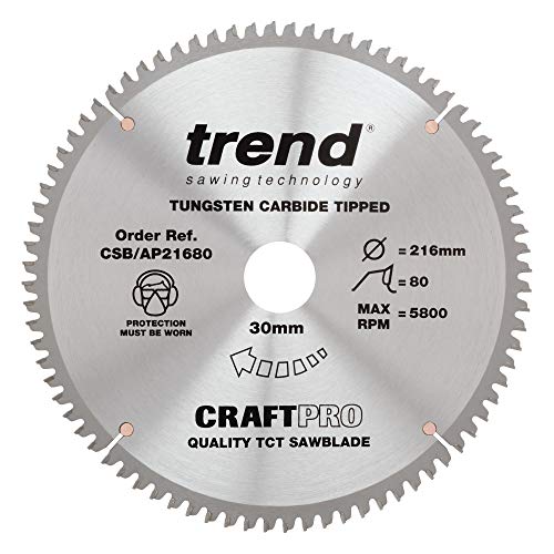 Trend CSB/AP21680 Craft Pro Worktop TCT Hoja circular para aluminio y plástico con sierra ingletadora y de mesa, punta de carburo de tungsteno, 216 mm x 80 dientes x 30 agujeros