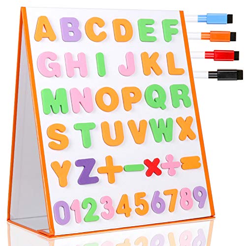 TTMOW Pizarra Blanca Magnética Escritorio Portable Plegable Doble Cara para Niños con 26 Letras, 10 Números, 5 Símbolos Matemáticos y 4 Lápices de Pizarra (37.5*32cm)