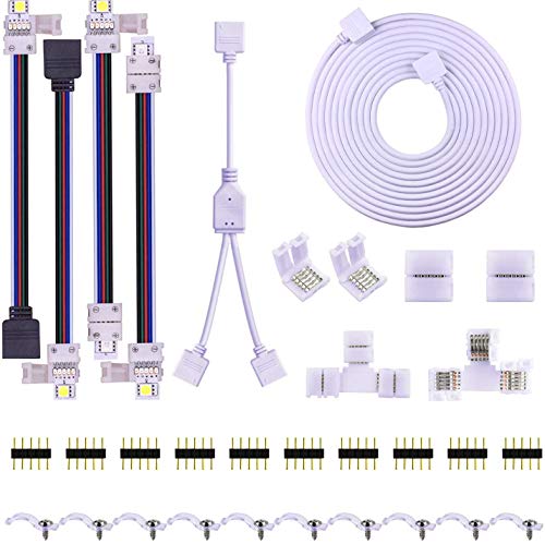 Uhomely Kit de conector de tira LED de 5 pines, 10 mm, 5050 RGBW, incluye cable de extensión de 9.8 pies, puente de tira a tira, puente de tira a potencia, divisor de 2 vías, conector en forma de L