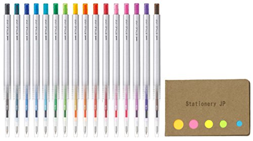 Uni Style Fit Retractable Gel Ink Pen, Slim & Stylish Body, Micro Point 0.38mm, 16 Color ink, Sticky Notes Value Set