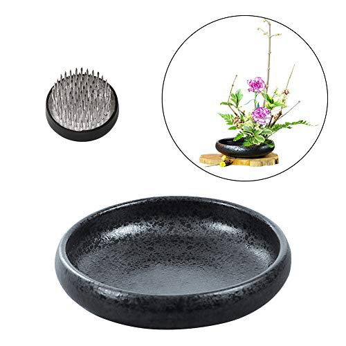 WANDIC Suministros de arreglo de Flores, florero Redondo Poco Profundo de cerámica Ikebana con Rana de Flores Kenzan de 4 cm para arreglo Floral, decoración del hogar, Lunares