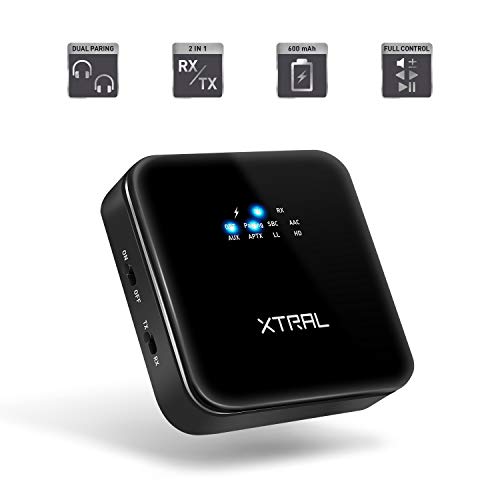 XTRAL Bluetooth 5.0 Transmitter and Receiver, 2-in-1 Wireless Bluetooth Adapter, for TV/Home Sound System/Car/Nintendo Switch/Headphones, 600mAh Built-in Battery