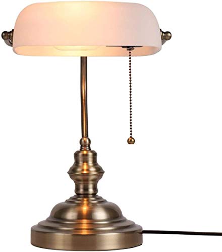 AbesterLámpara de mesa Banker E27 con interruptor pantalla de cristal blanco dormitorio lámpara de mesa de estudio decoración clásica lámpara de noche retro simple