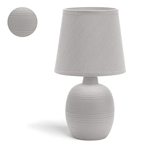 Aigostar - Lámpara de mesa, cuerpo de diseño sencillo color gris, pantalla de tela color gris, Lámpara de cerámica casquillo E14. Perfecta para el salón, dormitorio o recibidor. H31cm