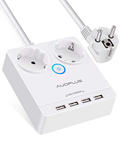 AUOPLUS Regleta 2 Enchufes AC y 4 USB Puertos Proteccion contra sobretensiones Cable de 1.5 m Regleta de Alimentación de Viaje Compacta para Oficina,Hogar,Viajes,Color Blanco