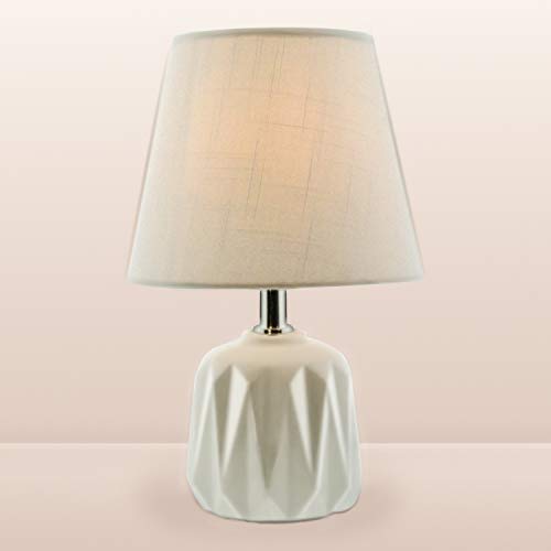 BarcelonaLED Lámpara de mesa nórdica blanca con base de porcelana y pantalla de tela, casquillo para bombilla LED E14 sobremesa escritorio salon mesita de noche