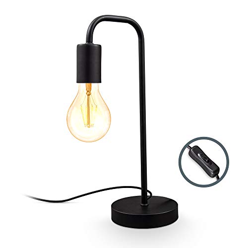 B.K.Licht I Lámpara de mesa retro curvada I negro mate I E27 I cable con interruptor I metal I lámpara de lectura redonda