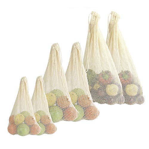 Bolsas vegetales de algodón orgánico | Bolsas de supermercado reutilizables y de producción ecológica | De malla de algodón con cordón | M&W