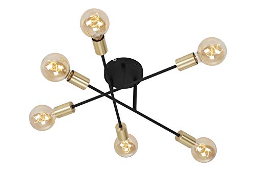 Briloner Leuchten - Luz de techo, para 6 bombillas, brazos giratorios, máx. 60 vatios, no incluye bombillas, negro-mate-dorado