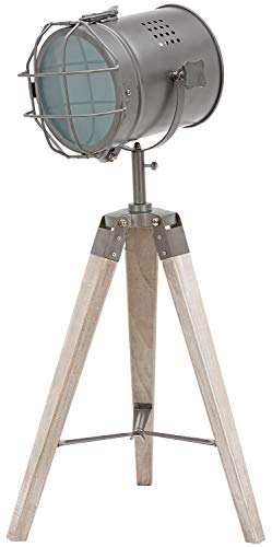 BRUBAKER Lámpara de pie - diseño Industrial - altura 65 cm - patas de trípode de madera - faro de gris mate