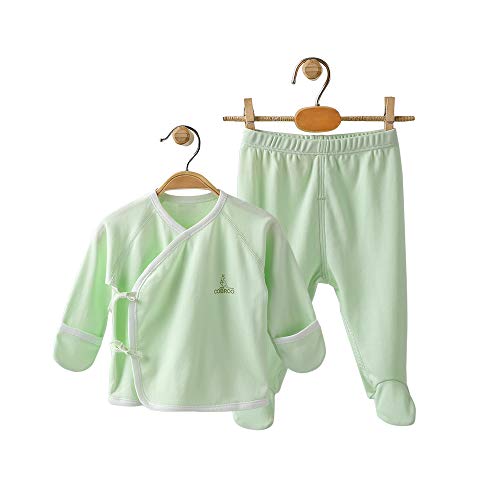 COBROO - Juego de pijama para bebé, tallas de 0 a 6 meses, 100 % algodón, polainas y camiseta cruzada con cierre de lazo y manoplas C-verde 0-3 Meses