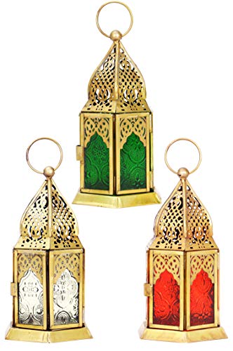 Conjunto de 3 Linterna Oriental de Metal y Cristal Angham (1) 15cm Rojo Verde Claro | Luces de Viento marroquí | Faro de Cristal para Interior | Lámpara para Exterior | Linterna de jardín