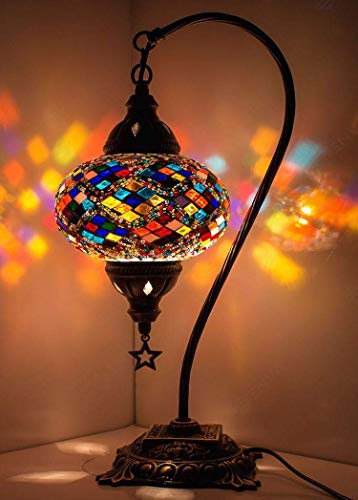 DEMMEX 2019 - Lámpara de mesa de mosaico turco marroquí con enchufe de EE. UU. y enchufe, cuello de cisne, hecha a mano, lámpara decorativa para mesita de noche, cuerpo de color antiguo