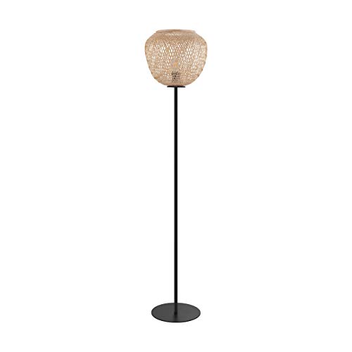EGLO Lámpara de pie Dembleby, 1 lámpara de pie vintage, boho, lámpara de pie de acero y madera, lámpara de salón en negro, natural, lámpara con interruptor, casquillo E27