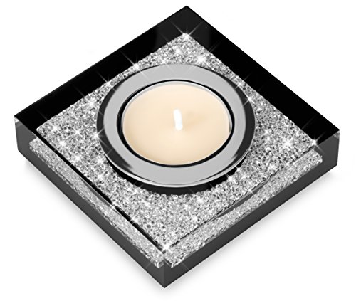 Elegante candelero para velas de té Lotus 1 con cristales de ELEMENTOS SWAROVSKI - Brillante decoración para mesas (1 pieza, Negro)