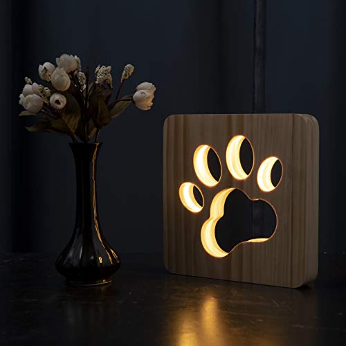 Hyindoor Luz de Noche LED Pata de Perro Lámpara de Mesa de Madera 3D Lámpara de Escritorio Creativa Luz USB Decoración de Dormitorio para Biños Bebé Navidad Regalo de Año Nuevo