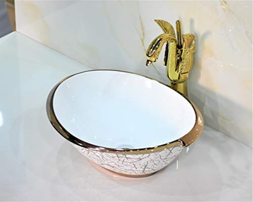 InArt Lavabo Sobre Encimera de Baño Lavabo Porcelana forma ovalada de cerámica para baño Lavabo de Cerámica, Fregadero de sobre Encimera 41 x 32 x 14.5 cm (Color blanco dorado)