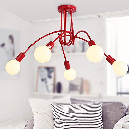 Industrial - Plafón de techo con 5 luces de metal vintage, lámpara E27 colgante lámpara retro creativa de iluminación, color rojo