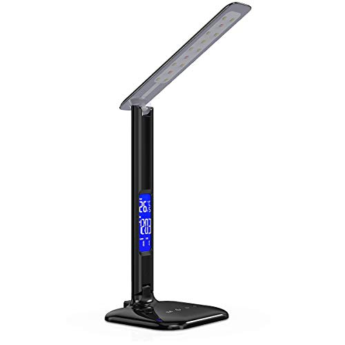 kwmobile Lámpara de mesa LED con pantalla LCD - Lámpara de escritorio con carga USB - Calendario indicador temperatura y fecha