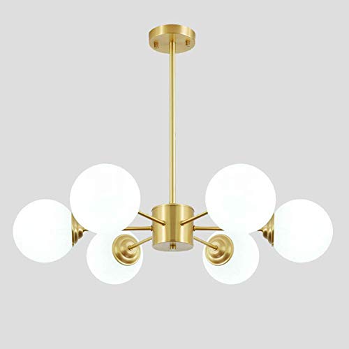 Lámpara de araña de oro moderna, portalámparas E27 con luz colgante de pantalla de cristal esmerilado blanco, sala de estar, restaurante, dormitorio, lámpara de techo, oro, 6 luces