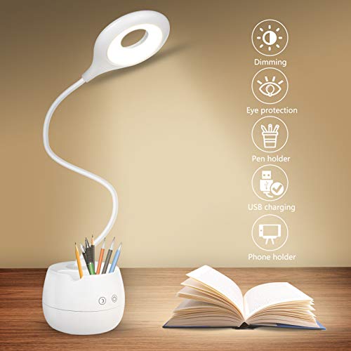 Lámpara de Escritorio LED,Lámpara de Lectura Regulable con 4 Brillos Lámpara de Mesa Recargable USB, para Estudio de Oficina En Casa Soporte Teléfono Móvil/Soporte Bolígrafo