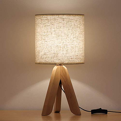 Lámpara de mesa Lámpara de mesa moderna con base de madera y pantalla de lino para mesita de noche de oficina