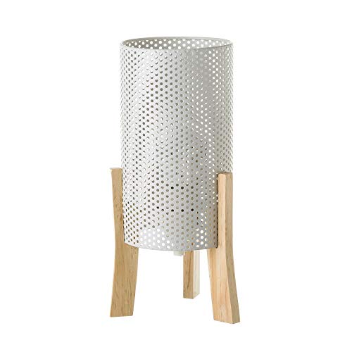 Lámpara de mesita de noche cilíndrica nórdica de metal y madera blanca de 29x14x14 cm