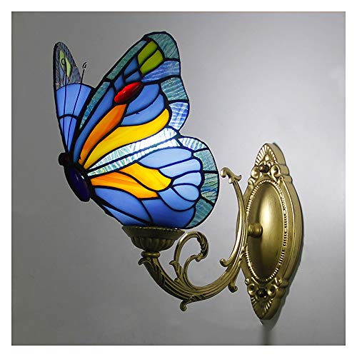 Lámpara de pared estilo Tiffany, lámpara de pared de mariposa artesanal retro vidriera pastoral europea, pasillo dormitorio cafetería bar azul aplique E27