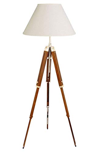 Lámpara de pie de trípode de madera estilo retro, vintage, diseño clásico, color plateado