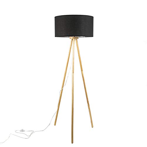Lámpara de pie escandinava para salón, diámetro de 50 cm, madera y tela, trípode en color negro natural, E27, lámpara de pie desmontable