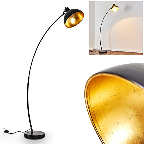 Lámpara de pie Parola en oro negro - Lámpara de pie Vintage - Proyector para dormitorio, salón, comedor - Lámpara de pie retro con pantalla redonda grande e interruptor de pie