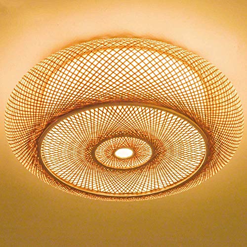 Lámpara de techo de anillo redondo Luz de techo LED Lámpara de techo vintage Lámpara de techo redonda Iluminación de techo retro Lámpara colgante tejida de mimbre de bambú natural Comedor