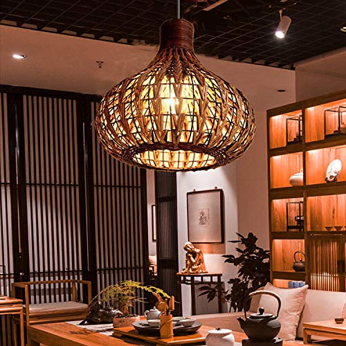 Lámpara de techo de bambú con diseño de candelabro de bambú, de mimbre y ratán, E27, para sala de estar, dormitorio, restaurante, cafetería, cafetería, bar, comedor o club
