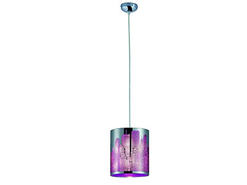 Lámpara de techo LED regulable, corte láser, diseño de silueta de skyline con 1 foco, diámetro de 20 cm, metal plateado cromado con lila