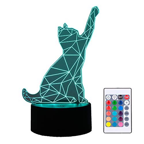 Lámpara LED con efecto 3D de gato mascotas felino voronoid, 16 colores táctil control remoto, modo USB y batería, ilusión óptica, regalo decoración nocturna para habitación