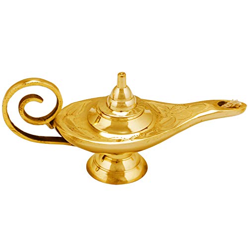 Lámpara mágica oriental de Aladdín de aceite Jini 15 cm Dorada | hecha de latón macizo | Lámpara del Genio de Aladín Decoración india árabe para adornar mesas nupciales o decorar ventanas