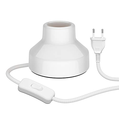 ledscom.de Lámpara de mesa de porcelana E27 TIX, redonda con enchufe e interruptor, blanca, 90mm
