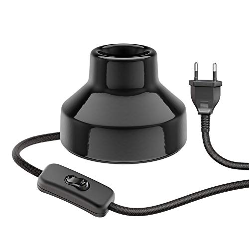 ledscom.de Lámpara de mesa de porcelana E27 TIX, redonda con enchufe e interruptor, negra, 90mm
