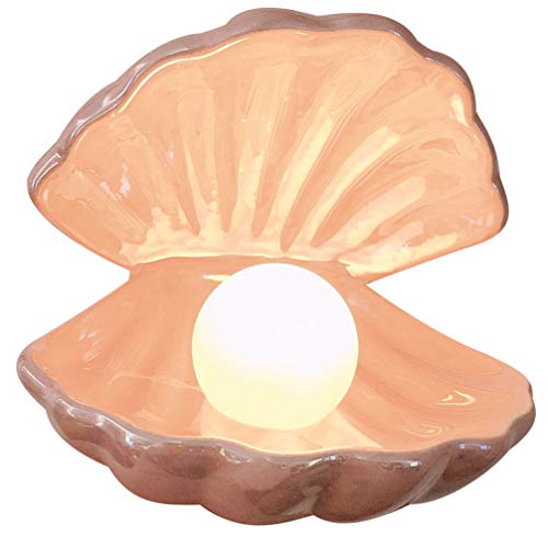 Lioobo - Lámpara de luz nocturna con forma de concha y perla, decoración de mesa, centro de mesa, decoración para dormitorio, salón, color blanco