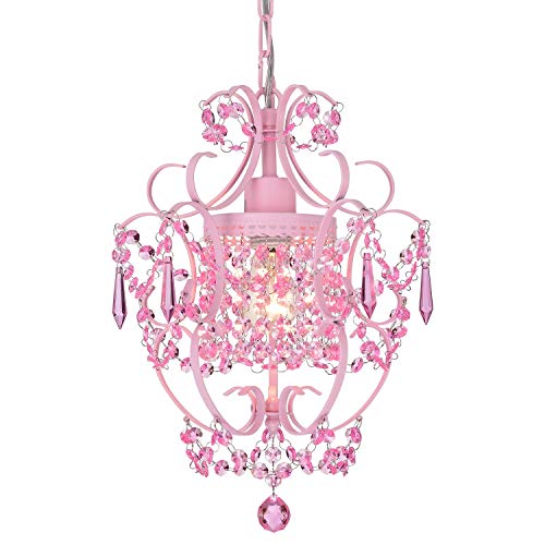 Mini lámpara de araña de cristal rosa con 1 lámpara colgante pequeña para habitación de niña